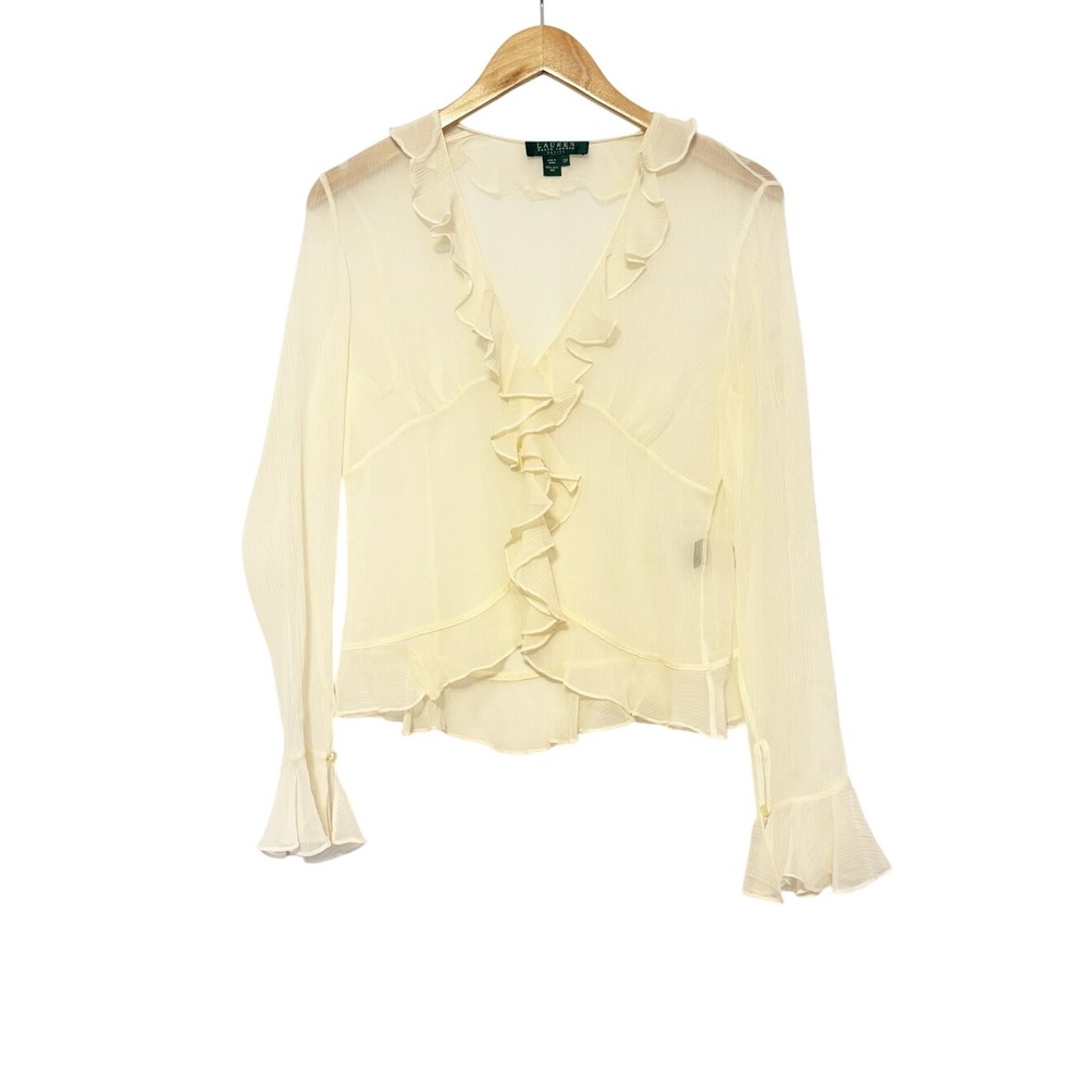 Lauren Ralph Lauren NWT Cream Sheer Ruffle Button Front Blouse 10P